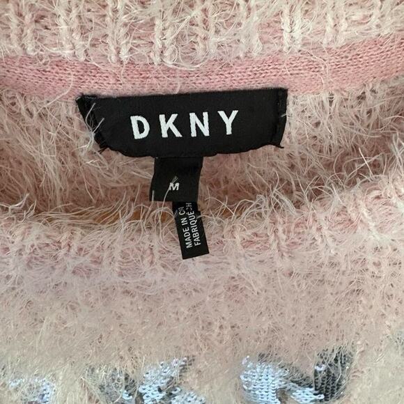 DKNY y2k baby pink silver sequin fuzzy logo sweater M - Picture 6 of 8